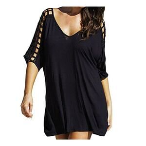SimpleFun Women Deep V-Neck Gridding Sleeve Loose Cover Up Black Size M